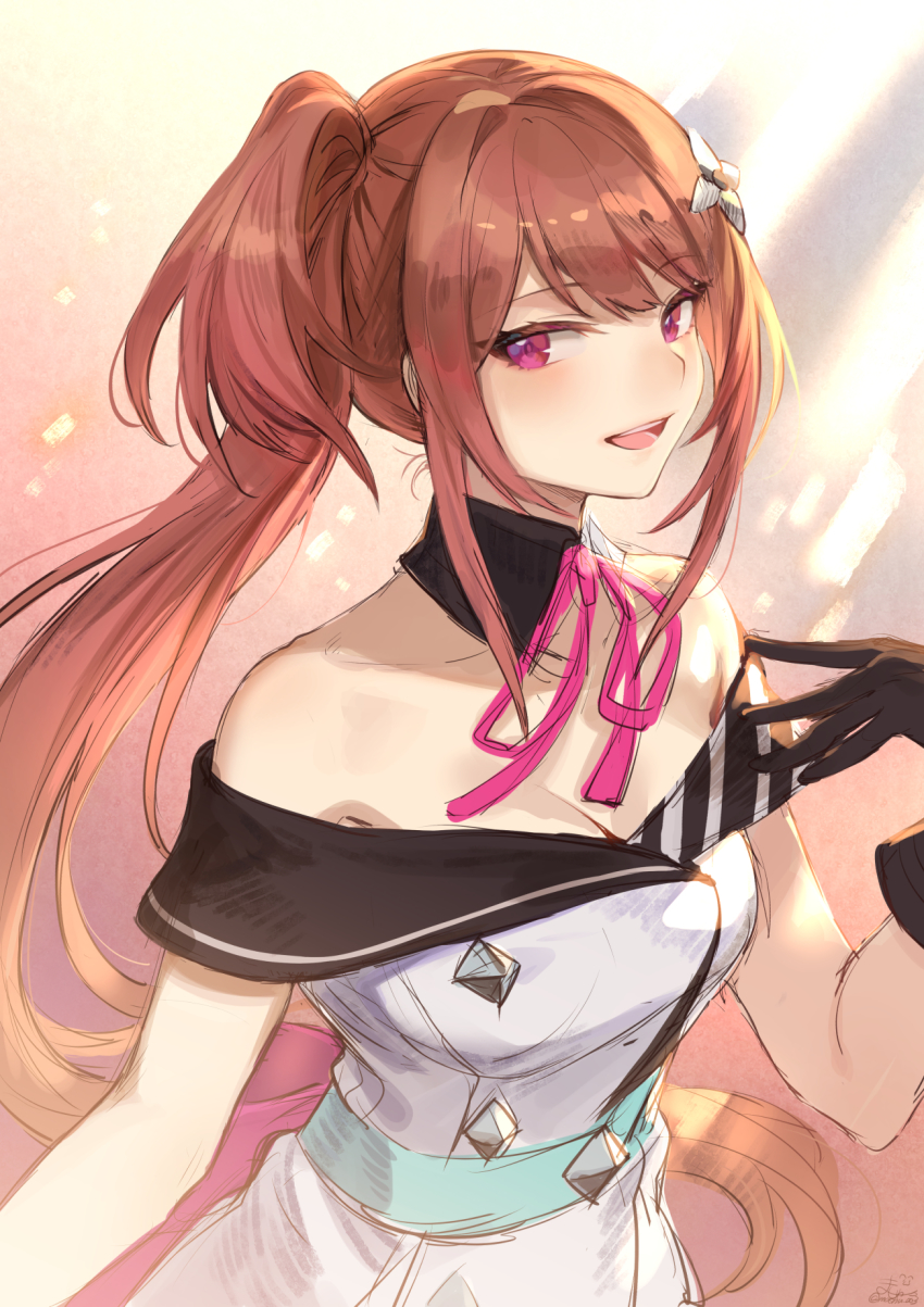 1girl, bare_arms, bare_shoulders, black_gloves, breasts, brown_hair, commentary_request, female_focus, gloves, highres, long_hair, looking_at_viewer, mashutarou_(neko_no_oyashiro), medium_breasts, open_mouth, palette_project, pink_eyes, pink_ribbon, ribbon, short_sleeves, smile, solo, tohsaka_yura, virtual_youtuber