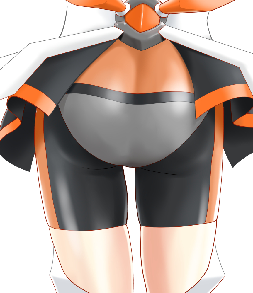 1girl, ass, ass_focus, bodysuit, close-up, female_focus, from_behind, koizumi_akira_(artist), legs_apart, lower_body, out_of_frame, senki_zesshou_symphogear, shiny_skin, simple_background, solo, standing, tachibana_hibiki_(symphogear), thigh_gap, waist_down, white_background
