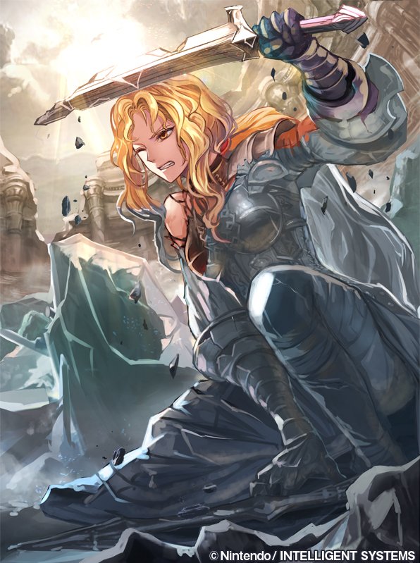 1girl, armor, blonde_hair, brigid_(fire_emblem), dress, eyvel_(fire_emblem), fire_emblem, fire_emblem:_thracia_776, fire_emblem_cipher, gloves, holding, holding_sword, holding_weapon, nij_24, nintendo, official_art, petrification, sword, torn_clothes, weapon