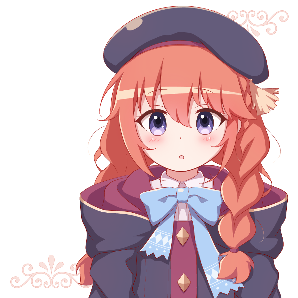 1girl, :o, beret, black_coat, black_hat, blue_bow, blush, bow