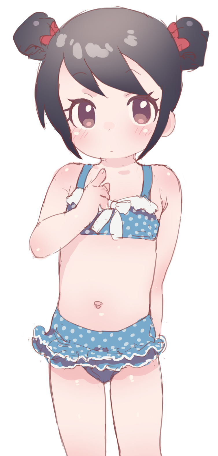 1girl, bikini, bikini_skirt, black_hair, blush, child, double_bun, female_focus, genderswap, genderswap_(mtf), highres, mizuno_uchi, navel, sasuke_(sasuke), sasuke_(shirato_sanpei), simple_background, solo, swimsuit, white_background
