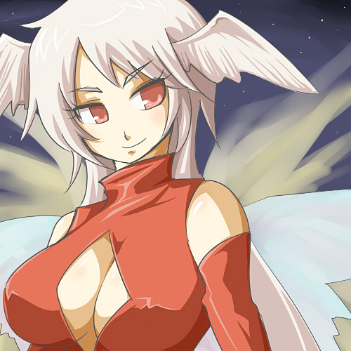 1girl, bad_id, bad_pixiv_id, breasts, cleavage_cutout, clothing_cutout, elbow_gloves, female_focus, final_fantasy, final_fantasy_tactics, ginger_yaki, gloves, head_wings, kabayaki_3, large_breasts, long_hair, lowres, red_eyes, shougayaki_(kabayaki_3), silver_hair, smile, solo, ultima_(fft), wings