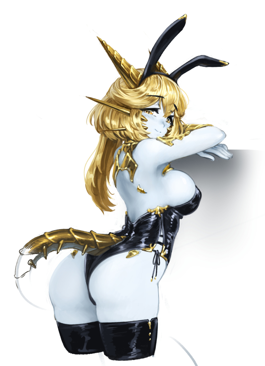1girl, animal_ears, ass, barbariank, bare_back, bare_shoulders, black_leotard, black_thighhighs, blonde_hair, blush, breasts, colored_skin, commentary, cropped_legs, dragon_girl, dragon_tail, english_commentary, fake_animal_ears, female_focus, from_behind, gold_dragon_(d&amp;d), hair_between_eyes, hairband, highres, horns, large_breasts, leotard, long_hair, looking_at_viewer, looking_back, monster_girl, personification, playboy_bunny, rabbit_ears, scales, simple_background, smile, solo, tail, thighhighs, white_background, white_skin, yellow_eyes