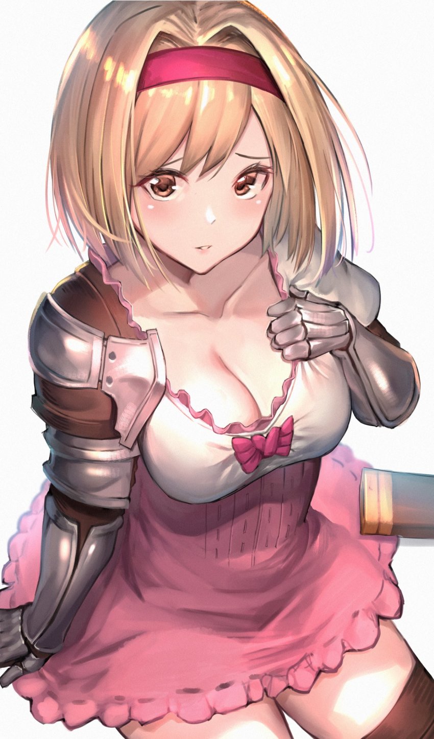 1girl, armor, blonde_hair, blush, boots, bow, breasts, brown_eyes