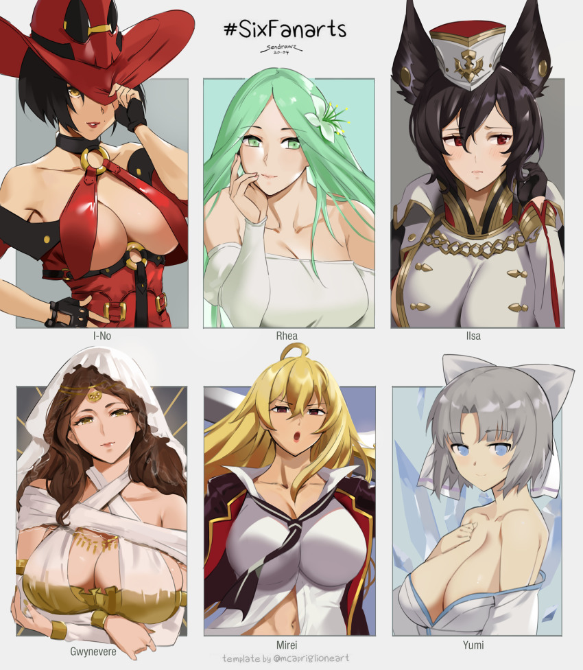 6+girls, absurdres, ahoge, arc_system_works, bare_shoulders, black_hair, blonde_hair, breasts, brown_hair, cleavage, dark_souls_(series), dark_souls_i, dress, english_text, female_focus, fire_emblem, fire_emblem:_three_houses, flower, granblue_fantasy, green_eyes, green_hair, guilty_gear, hair_flower, hair_ornament, hashtag, hat, highres, i-no, ilsa_(granblue_fantasy), large_breasts, long_hair, looking_at_viewer, matching_hair/eyes, mole, multiple_drawing_challenge, multiple_girls, nintendo, off-shoulder_dress, off_shoulder, queen_of_sunlight_gwynevere, red_eyes, rhea_(fire_emblem), sendo_(sendrawz), senran_kagura, shikishima_mirei, six_fanarts_challenge, valkyrie_drive, valkyrie_drive_-mermaid-, white_background, yumi_(senran_kagura)