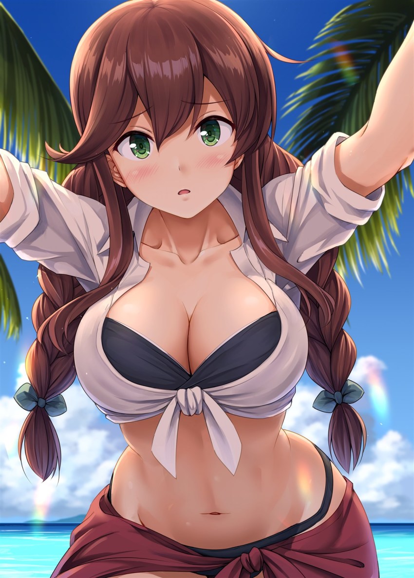 1girl, bikini, black_bikini, blouse, blue_sky, blush, braid, breasts, brown_hair, cleavage, cloud, cloudy_sky, collarbone, collared_shirt, cowboy_shot, day, female_focus, green_eyes, groin, hair_between_eyes, highres, ichikawa_feesu, kantai_collection, large_breasts, long_hair, looking_at_viewer, navel, noshiro_(kancolle), noshiro_(swimsuit)_(kancolle), ocean, open_mouth, palm_tree, shirt, sky, solo, stomach, swimsuit, tree, twin_braids, white_shirt