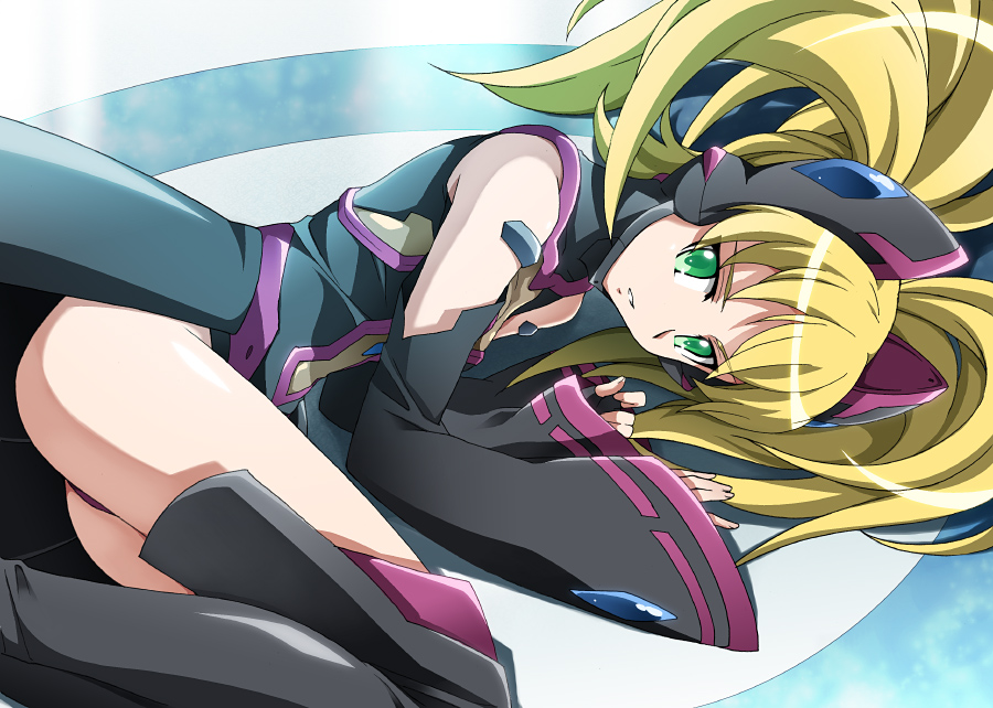 00s, black_thighhighs, blonde_hair, blue_gem, bodysuit, boots, covered_collarbone, detached_sleeves