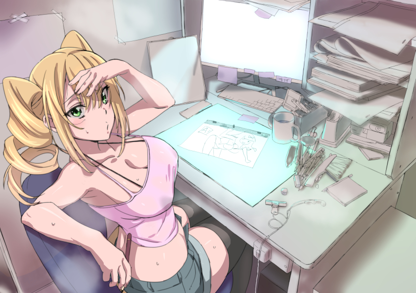absurdres, animation_paper_(object), animator, bare_shoulders, black_thighhighs, blonde_hair, blouse, blush, breasts, brush, camisole, chair, coffee_mug, commentary_request, computer, crop_top, cup, desk, drawing, drawing_equipment, drill_hair, earbuds, earphones, from_above, green_shorts, hair_between_eyes, hand_on_own_head, highres, holding, holding_pencil, keyboard, large_breasts, light_blush, light_box, looking_at_viewer, looking_up, midriff, monitor, mug, office_chair, open_fly, original, paper_stack, paperclip, peg_bar, pencil, pencil_skirt, pink_shirt, pursed_lips, qumata, raised_eyebrows, shirt, short_shorts, shorts, sitting, skirt, solo, spaghetti_strap, sticky_note, swivel_chair, tape, tape_dispenser, thighhighs, twin_drills, unbuttoned, wet, wet_clothes, wet_shirt