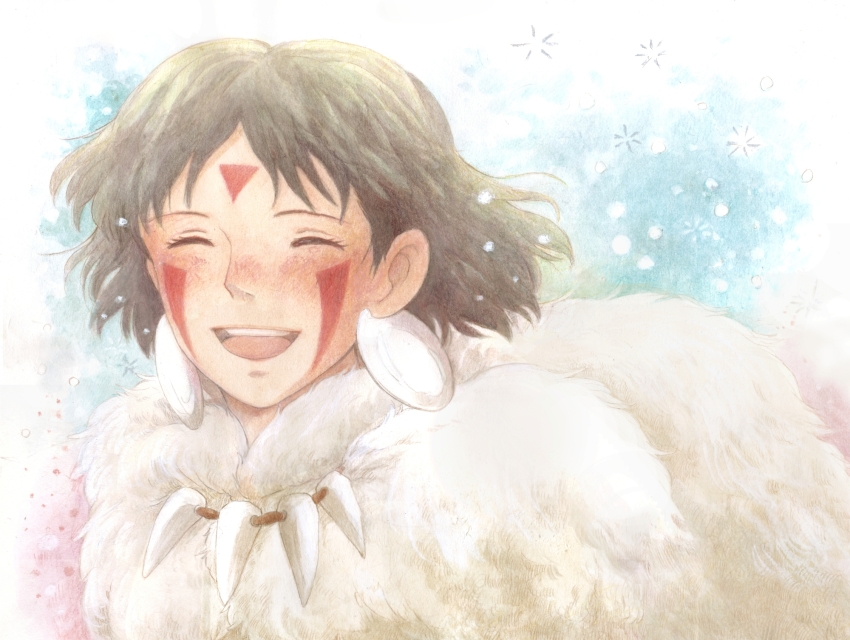 1girl, brown_hair, earrings, facepaint, facial_mark, female_focus, fur, highres, jewelry, mononoke_hime, morisawa_taki, necklace, san_(mononoke_hime), short_hair, smile, solo, tooth_necklace