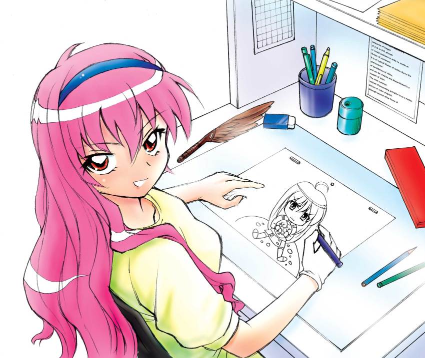 1girl, ahoge, animation_paper_(object), animator, annkoku_daimaou, blue_hairband, bread, breasts, calendar_(object), chair, chibi, commentary, crumbs, cup, desk, drawing, drawing_equipment, duster, eating, eraser, feather_duster, female_focus, food, from_above, from_behind, gloves, hairband, highres, holding, holding_pencil, light_box, long_hair, looking_at_viewer, looking_back, looking_up, louise_francoise_le_blanc_de_la_valliere, mechanical_pencil, melon_bread, office, office_chair, peg_bar, pencil, pencil_case, pencil_sharpener, pink_hair, red_eyes, shelf, shirt, simple_background, single_glove, sitting, small_breasts, smile, solo, swivel_chair, upper_body, voice_actor_connection, white_background, white_gloves, yellow_shirt, zero_no_tsukaima
