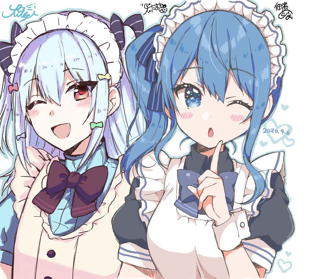 1boy, 1girl, ;d, ;o, alternate_costume, artist_collaboration, artist_name, black_neckwear, blue_eyes, blue_hair, blue_neckwear, blush_stickers, bow, bowtie, breasts, commentary_request, crossdressing, dated, enmaided, finger_to_mouth, hair_between_eyes, hair_bow, hair_ornament, hair_ribbon, heart, hololive, hoshimachi_suisei, hoshimachi_suisei_(artist), index_finger_raised, inuyama_tamaki, light_blue_hair, looking_at_viewer, maid, maid_headdress, making-of_available, medium_breasts, medium_hair, noripro, one_eye_closed, open_mouth, outline, partial_commentary, ribbon, short_sleeves, side_ponytail, signature, simple_background, smile, star_(symbol), star_in_eye, striped_bow, symbol_in_eye, trap, tsukudani_norio, tsukudani_norio_channel, twintails, two_side_up, upper_body, virtual_youtuber, white_background, wrist_cuffs