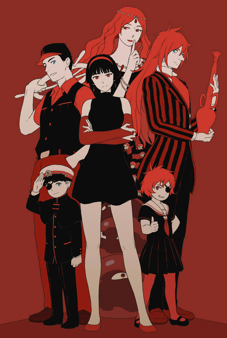 black_dress, breasts, closed_mouth, dress, earrings, eyepatch, finger_to_mouth, fujimoto_(ponyo)