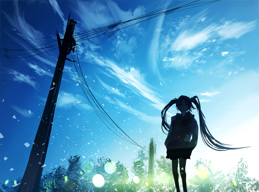 1girl, backlighting, bad_id, bad_pixiv_id, blue_sky, blurry, bokeh, commentary
