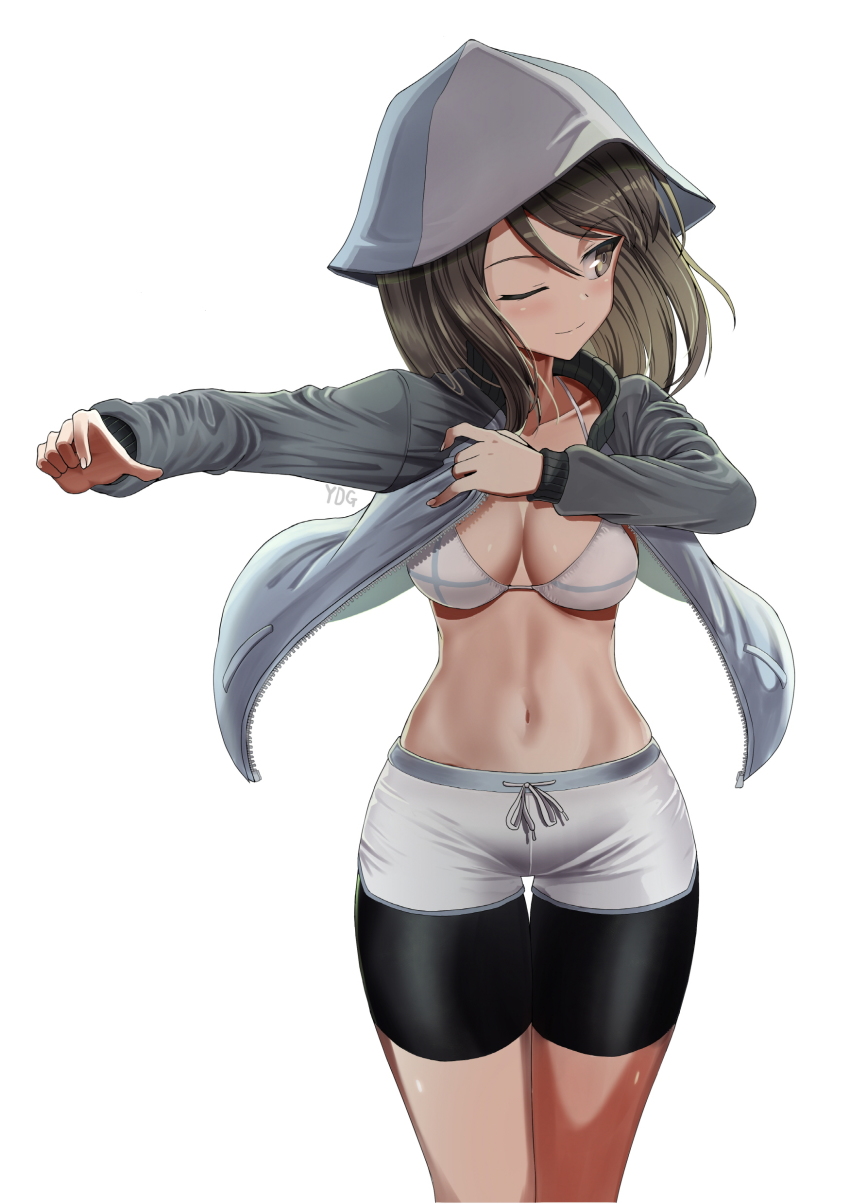 1girl, ;), absurdres, artist_name, bikini, bikini_shorts, blue_hat, blue_jacket