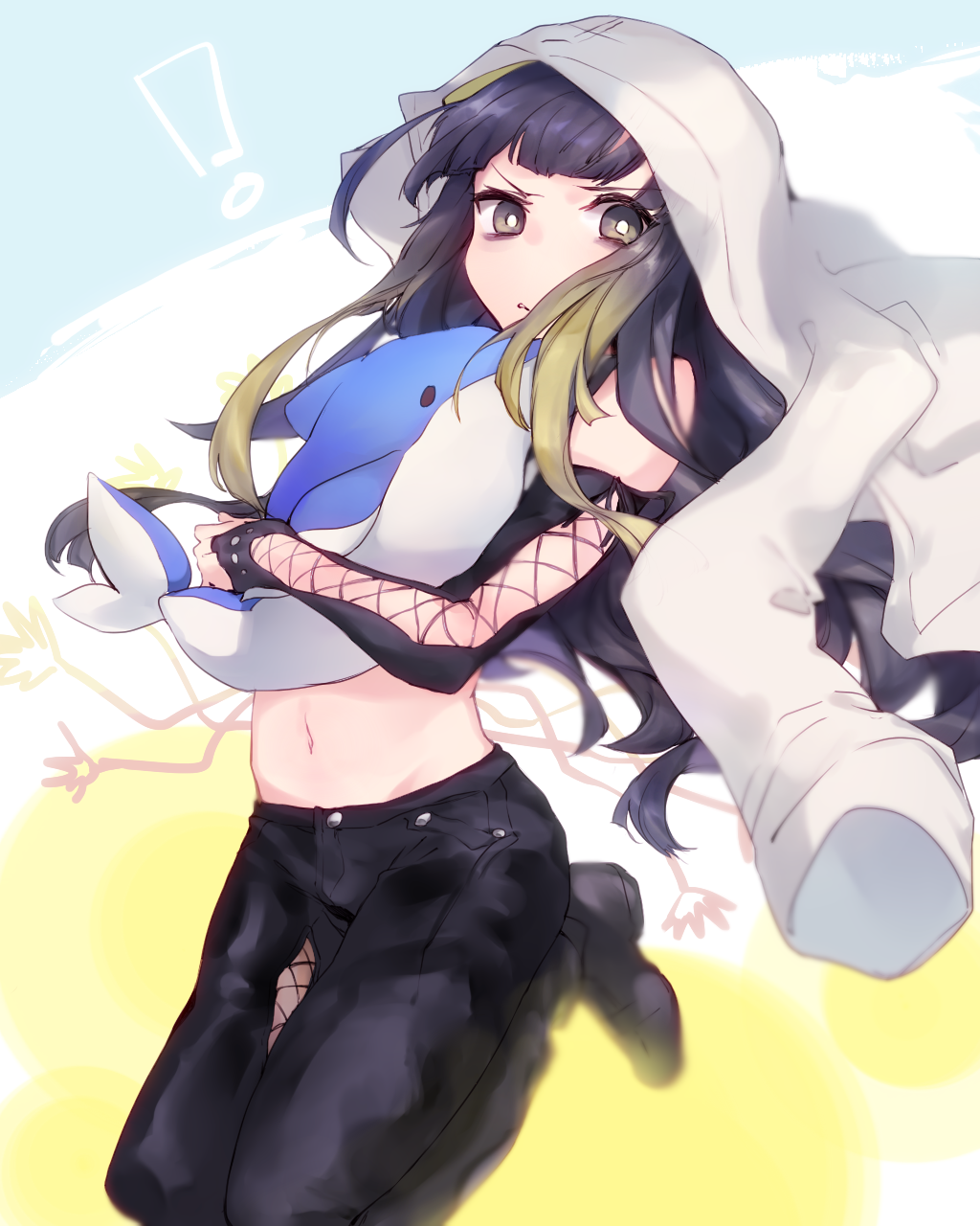 !, :<, bare_shoulders, black_boots, black_gloves, black_hair, black_legwear, black_shirt