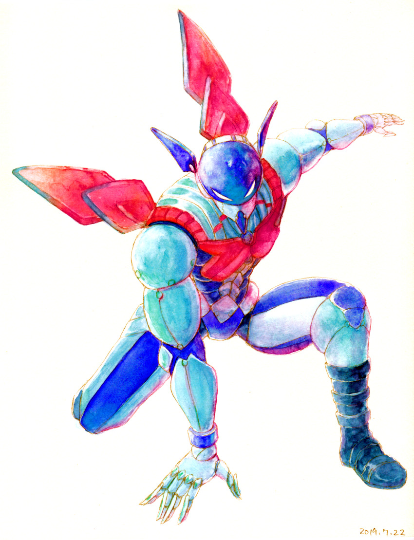 atom:_the_beginning, dated, full_body, highres, looking_at_viewer, mars_(atom:_the_beginning), millipen_(medium), no_humans, non-humanoid_robot, painting_(medium), pen_(medium), robot, shigeclo4, simple_background, traditional_media, watercolor_(medium), white_background