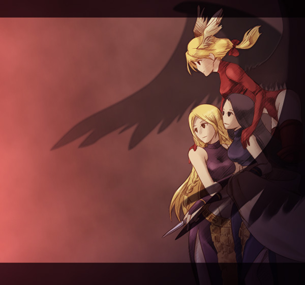 3girls, alma_beoulve, angel_wings, bad_id, bad_pixiv_id, black_hair, black_wings, blonde_hair