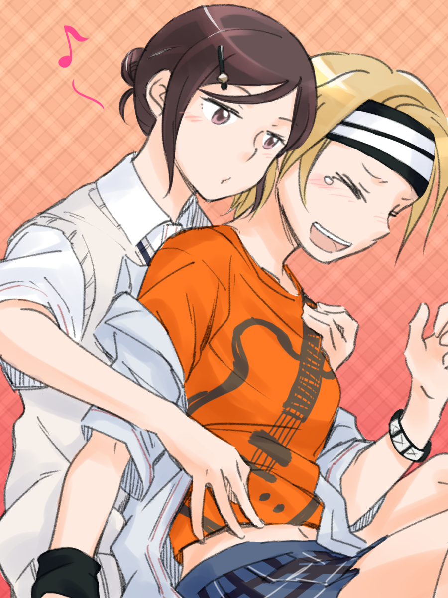 ariu_aki, blonde_hair, blush, bracelet, brown_hair, collared_shirt, couple, guitar, hair_bun, happy, headband, highres, instrument, jewelry, koba_youka, laughing, looking_at_another, mukiki, multiple_girls, musical_note, okujou_no_yurirei-san, purple_eyes, school_uniform, shirt, simple_background, single_hair_bun, skirt, tears, white_shirt, yuri