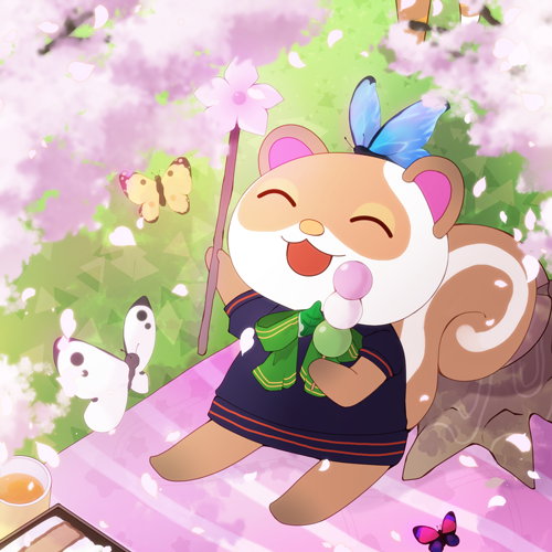 1girl, animal_crossing, animal_ears, art-days-m_svrnl-rnlsnd, bow, bowtie, bug, butterfly, cherry_blossoms, closed_eyes, dango, female_focus, flower, food, furry, furry_female, grass, hanami, insect, lowres, nintendo, open_mouth, petals, sitting, solo, squirrel_ears, squirrel_tail, sylvana_(animal_crossing), tail, wagashi