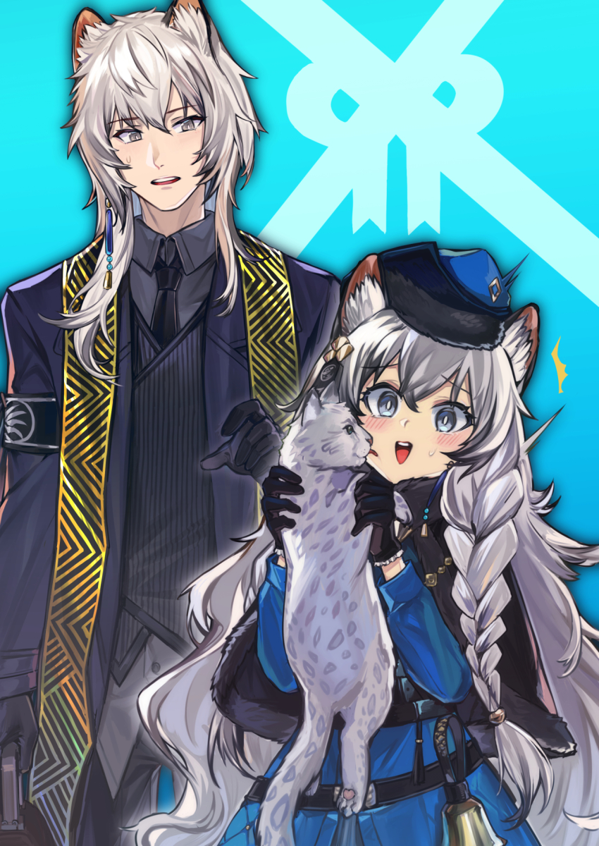 1boy, 1girl, alternate_costume, animal, animal_ear_fluff, animal_ears, arknights, bell