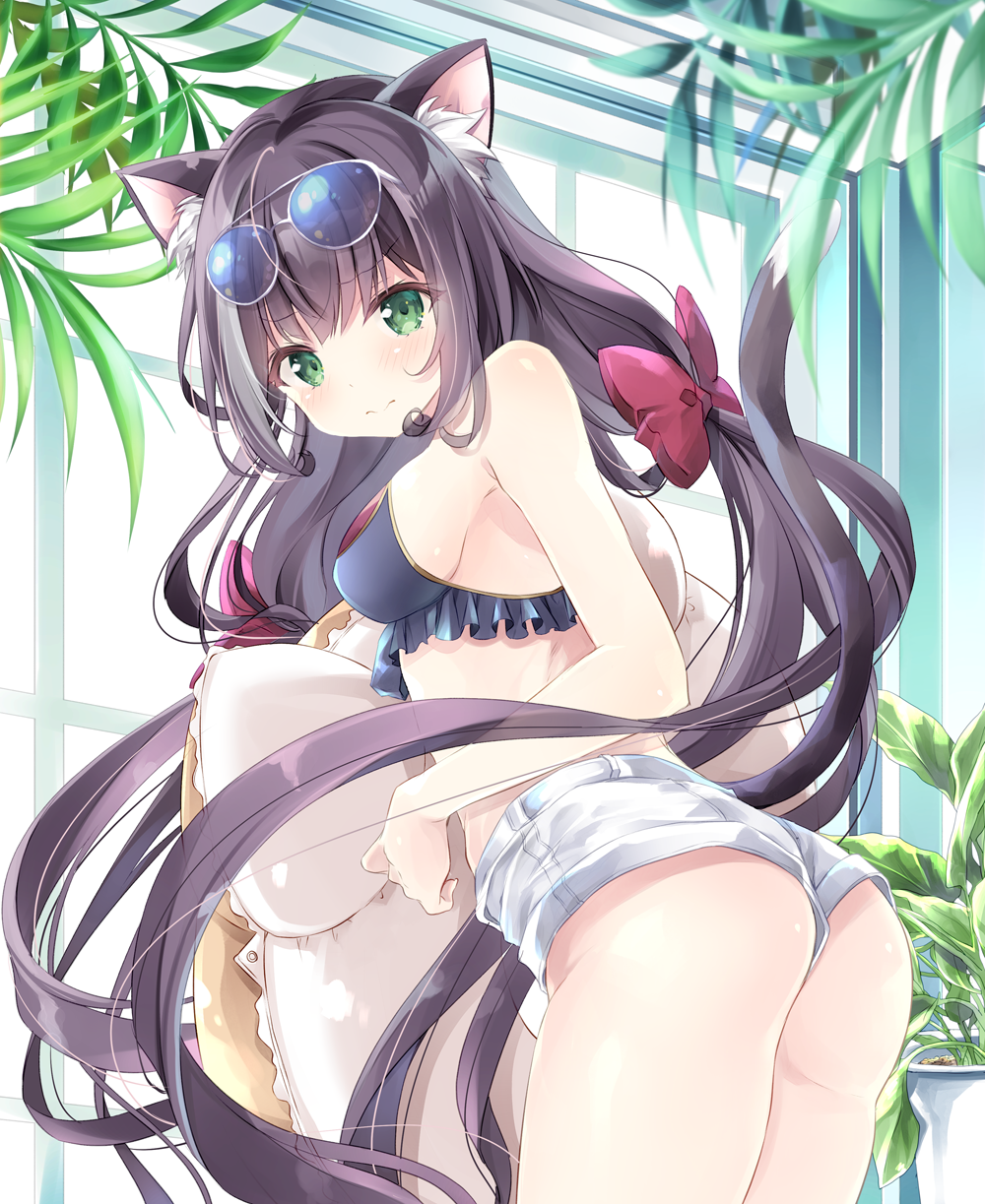 1girl, animal_ear_fluff, animal_ears, bikini, bikini_top_only, black_bikini, black_hair, blush