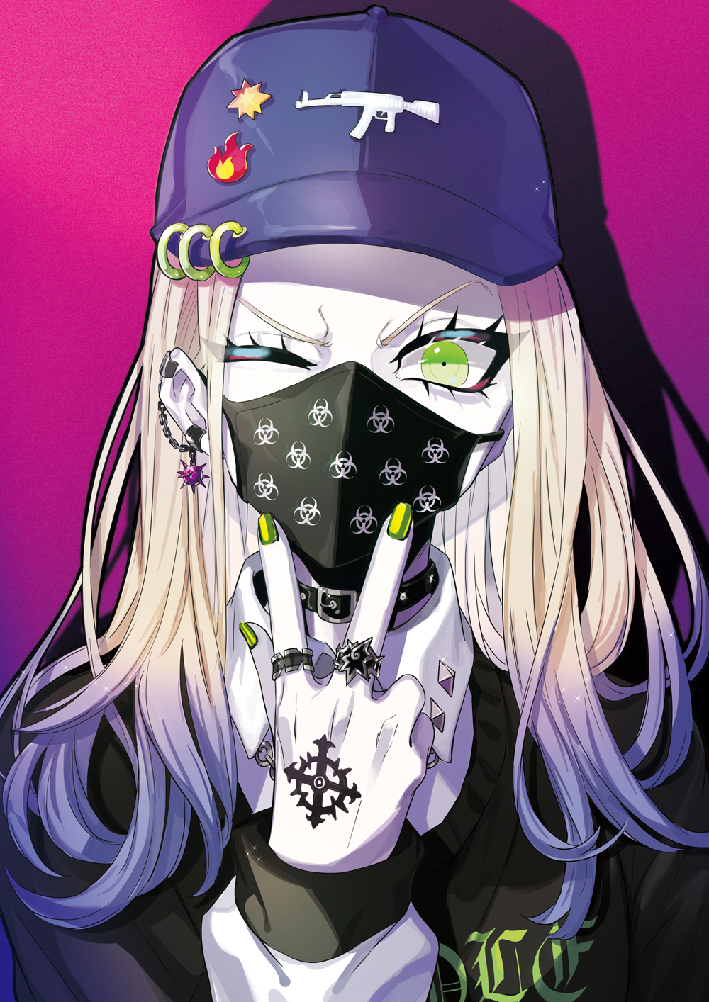 1girl, badge, baseball_cap, blonde_hair, button_badge, chain, choker, clothes_writing