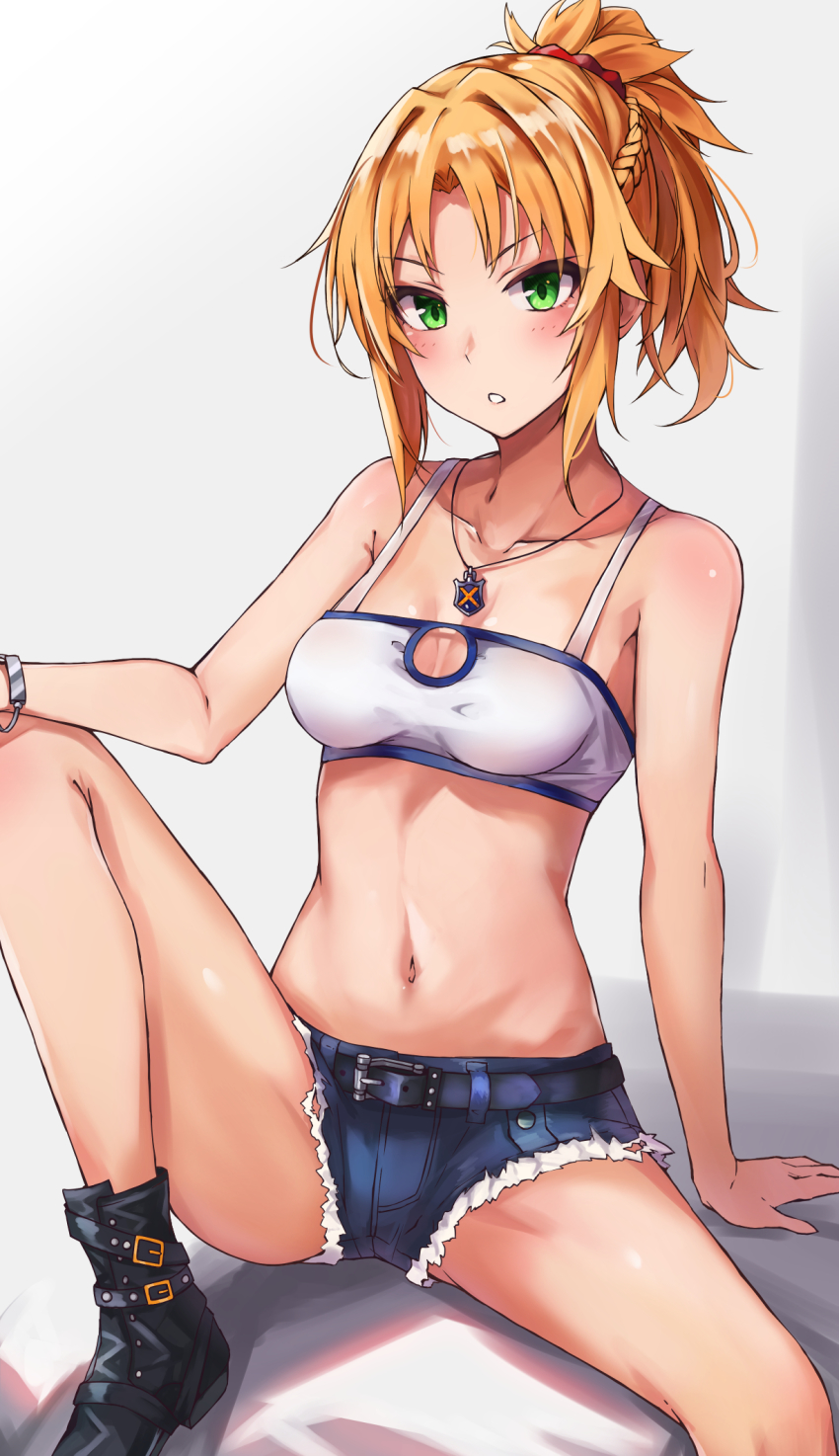 1girl, bandeau, black_boots, boots, braid, cutoffs, denim, denim_shorts