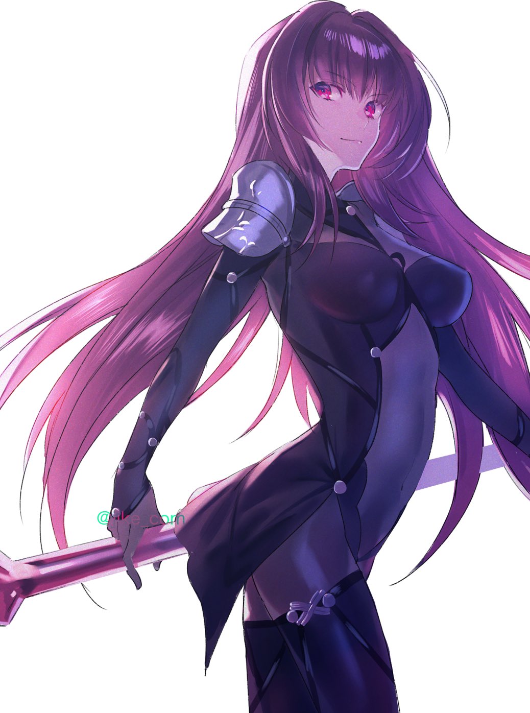 1girl, armor, bodysuit, breasts, covered_navel, fate/grand_order, fate_(series), gae_bolg_(fate)