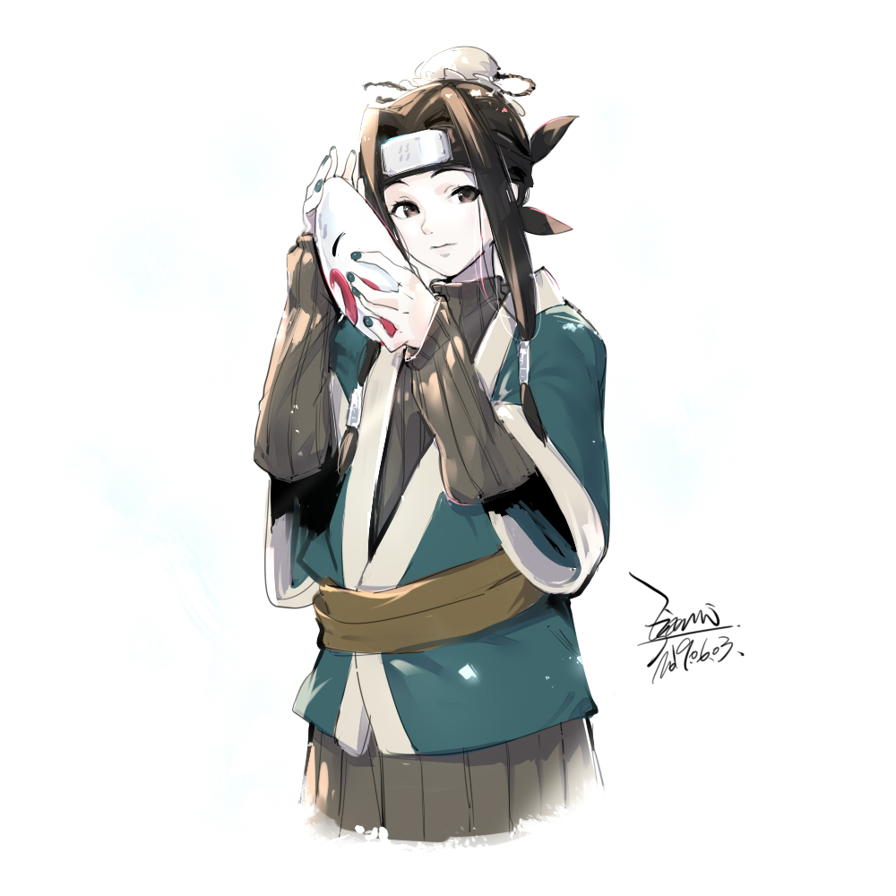 1boy, androgynous, black_hair, closed_mouth, ejami, forehead_protector, hair_bun, haku_(naruto)
