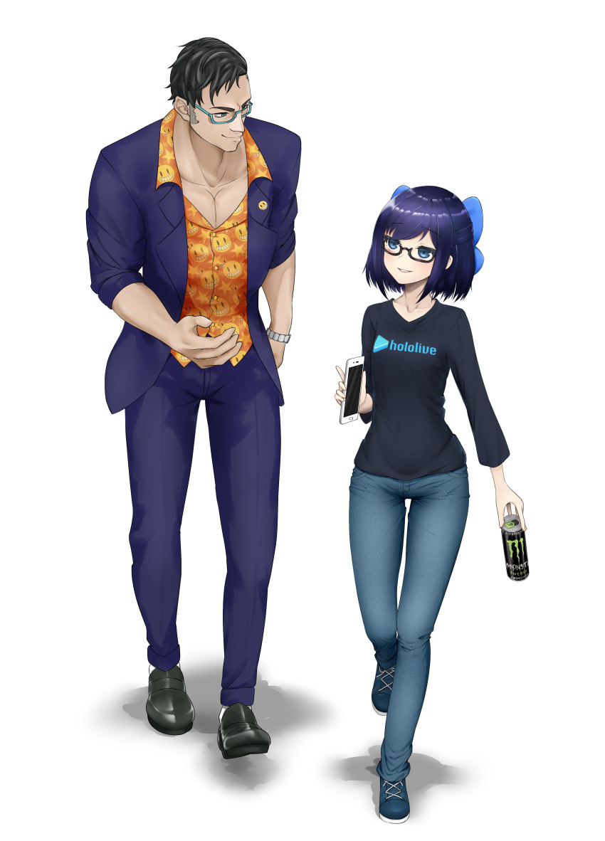 1boy, 1girl, a-chan_(1st_costume)_(hololive), a-chan_(hololive), absurdres, bad_id, bad_pixiv_id, black-framed_eyewear