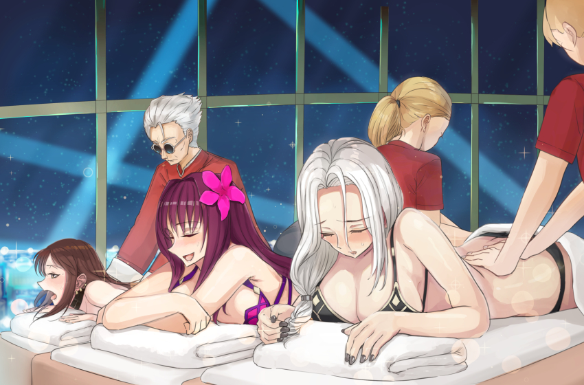 1boy, 3girls, bikini, black_bikini, blush, carmilla_(fate), carmilla_(swimsuit_rider)_(third_ascension)_(fate), fate/grand_order, fate_(series), flower, hair_flower, hair_ornament, highres, kozara14, li_shuwen_(fate), li_shuwen_(old)_(fate), li_shuwen_(old)_(first_ascension)_(fate), lying, massage, moaning, multiple_girls, on_stomach, open_mouth, purple_hair, scathach_(fate), scathach_(fate/grand_order), scathach_(swimsuit_assassin)_(fate), sky, star_(sky), starry_sky, swimsuit, white_hair, yu_mei-ren_(fate)