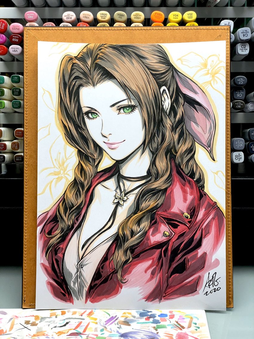 1girl, aerith_gainsborough, art_tools_in_frame, bow, brown_hair, closed_mouth, commentary, copic, cropped_jacket, dress, english_commentary, final_fantasy, final_fantasy_vii, final_fantasy_vii_remake, green_eyes, hair_bow, highres, jacket, jewelry, long_dress, marker_(medium), necklace, open_clothes, open_jacket, parted_bangs, pink_bow, pink_dress, pink_lips, portrait, red_jacket, signature, smile, stanley_lau, traditional_media, tri_drills