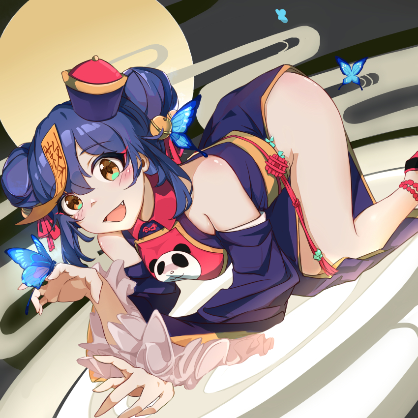 1girl, absurdres, all_fours, bell, blue_hair, blush, breasts, bug