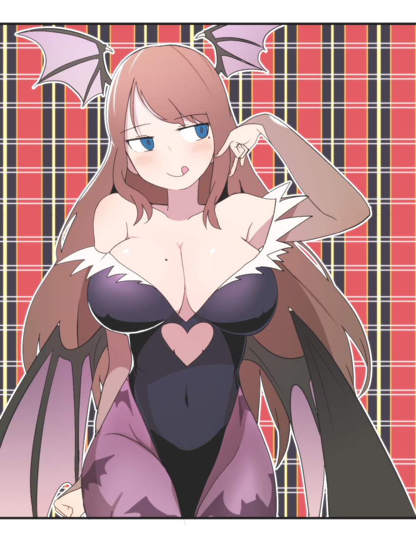 1girl, :p, animal_print, asymmetrical_bangs, bare_shoulders, bat_wings, black_leotard, blue_eyes, blush, breasts, brown_hair, bural_chingu, cleavage, clothing_cutout, commentary, cosplay, darkstalkers, female_focus, head_wings, heart_cutout, highres, korean_commentary, large_breasts, leotard, long_hair, looking_away, looking_to_the_side, low_wings, luke_(dydansgur), mature_female, mole, mole_on_breast, mole_under_eye, morrigan_aensland, morrigan_aensland_(cosplay), mrs._yun_mi-jeong, pantyhose, print_pantyhose, purple_pantyhose, purple_wings, smile, solo, tongue, tongue_out, w, wings