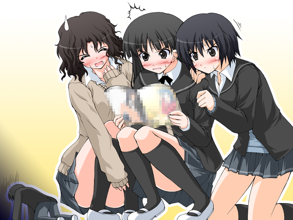 1boy, 3girls, akimoto_dai, amagami, ayatsuji_tsukasa, black_socks, blouse, blush, cardigan, censored, embarrassed, fake_censor, gradient_background, kneehighs, kneeling, long_hair, mary_janes, miniskirt, mosaic_censoring, multiple_girls, nanasaki_ai, pleated_skirt, pornography, prostration, ribbon, school_uniform, shirt, shoes, short_hair, simple_background, skirt, socks, squatting, surprised, sweat, sweater, tanamachi_kaoru, viewing_pornography, wavy_hair