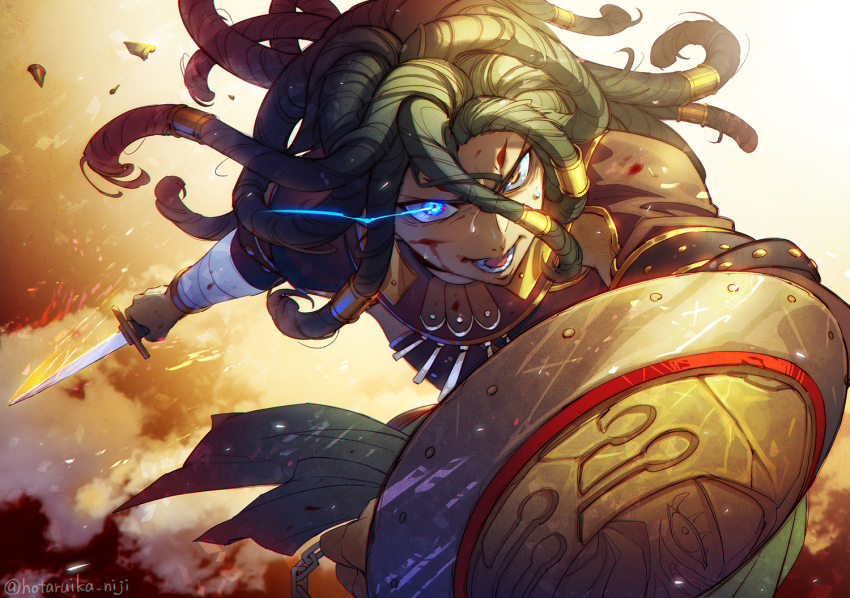 1boy, angry, armor, artist_name, blood, blood_on_clothes, blood_on_face, blue_eyes, brown_eyes, brown_jacket, chain, close-up, dagger, dreadlocks, gaap_(megido72), glowing, green_hair, hair_between_eyes, hair_ornament, heterochromia, holding, holding_dagger, holding_knife, holding_shield, holding_weapon, hotaruika_niji, jacket, jewelry, knife, long_sleeves, looking_at_viewer, male_focus, megido72, open_mouth, shield, simple_background, solo, teeth, twitter_username, upper_body, weapon