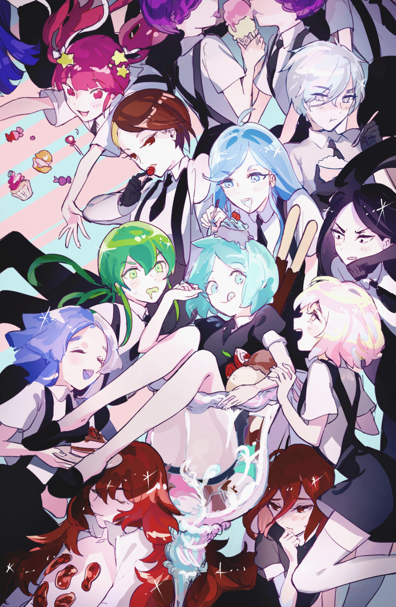 6+others, ahoge, alexandrite_(houseki_no_kuni), amethyst_(houseki_no_kuni), androgynous, angry, antarcticite, aqua_eyes