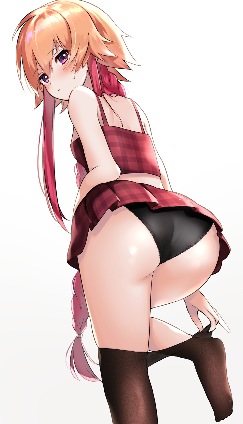 1girl, absurdres, ass, bare_shoulders, black_panties, brown_pantyhose, camisole, crop_top