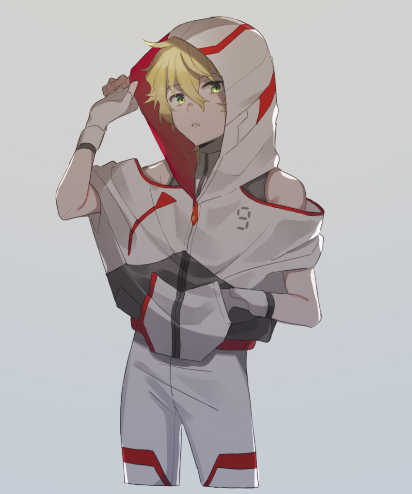 1boy, adjusting_hood, bare_shoulders, blonde_hair, collar, commentary_request, darling_in_the_franxx, fingerless_gloves