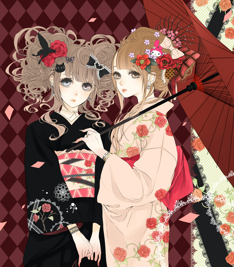 2girls, bad_id, bad_pixiv_id, eiri_(moonlit_cherry), flower, hair_ornament, japanese_clothes, kimono, multiple_girls, oil-paper_umbrella, parasol, shikishima_(eiri), umbrella, yukata