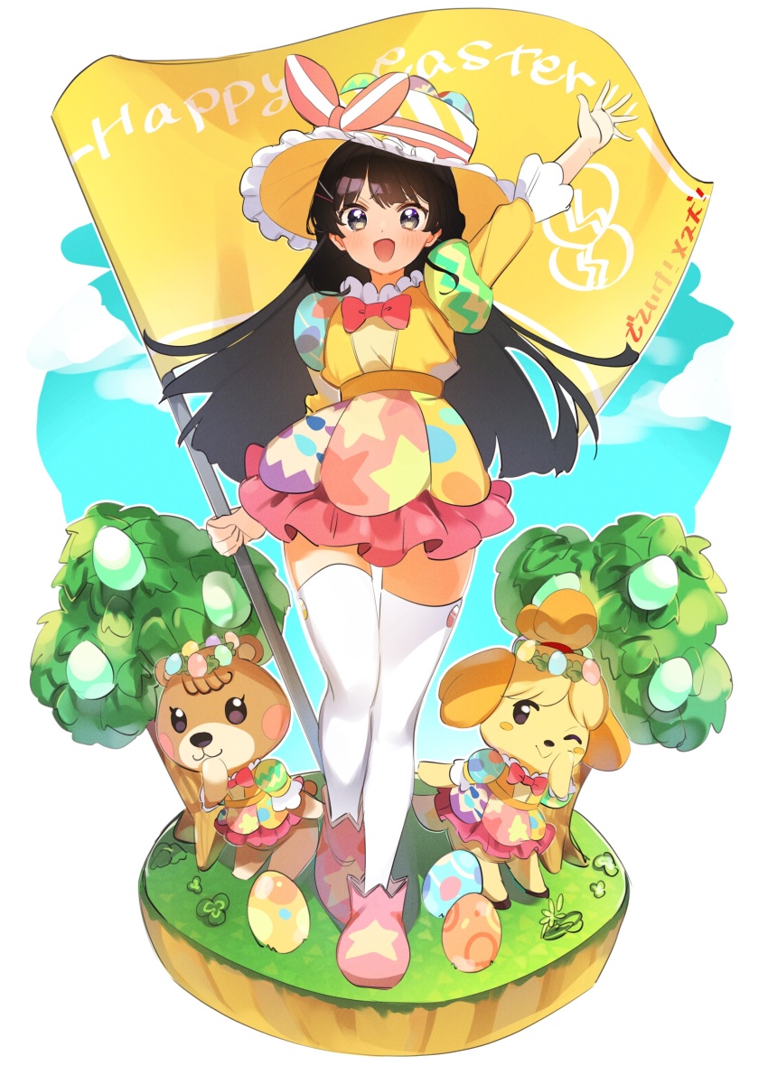 3girls, absurdres, alternate_costume, animal_crossing, arm_up, black_hair, blush, easter, easter_egg, egg, flag, full_body, green_eyes, hair_ornament, hairclip, happy_easter, highres, holding, holding_flag, isabelle_(animal_crossing), kuma_daigorou, long_hair, long_sleeves, looking_at_viewer, maple_(animal_crossing), multiple_girls, nijisanji, nintendo, open_mouth, puffy_long_sleeves, puffy_sleeves, smile, thighhighs, translation_request, tree, tsukino_mito, virtual_youtuber, white_legwear