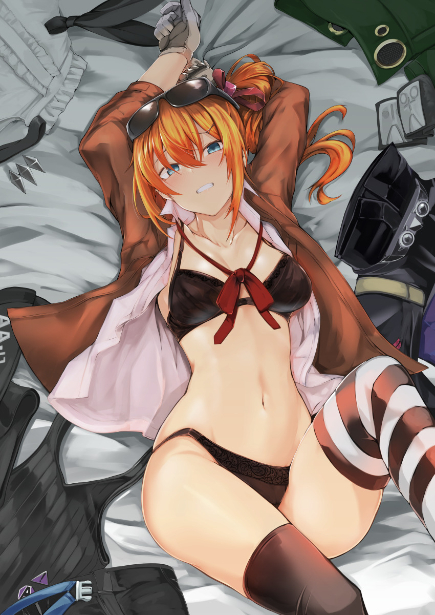 1girl, absurdres, asymmetrical_legwear, black_bra, black_panties, blue_eyes, bow, bowtie