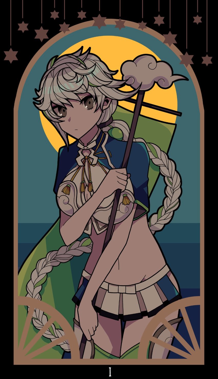 1girl, asymmetrical_hair, braid, braided_ponytail, breasts, brown_eyes, card_(medium), cleavage