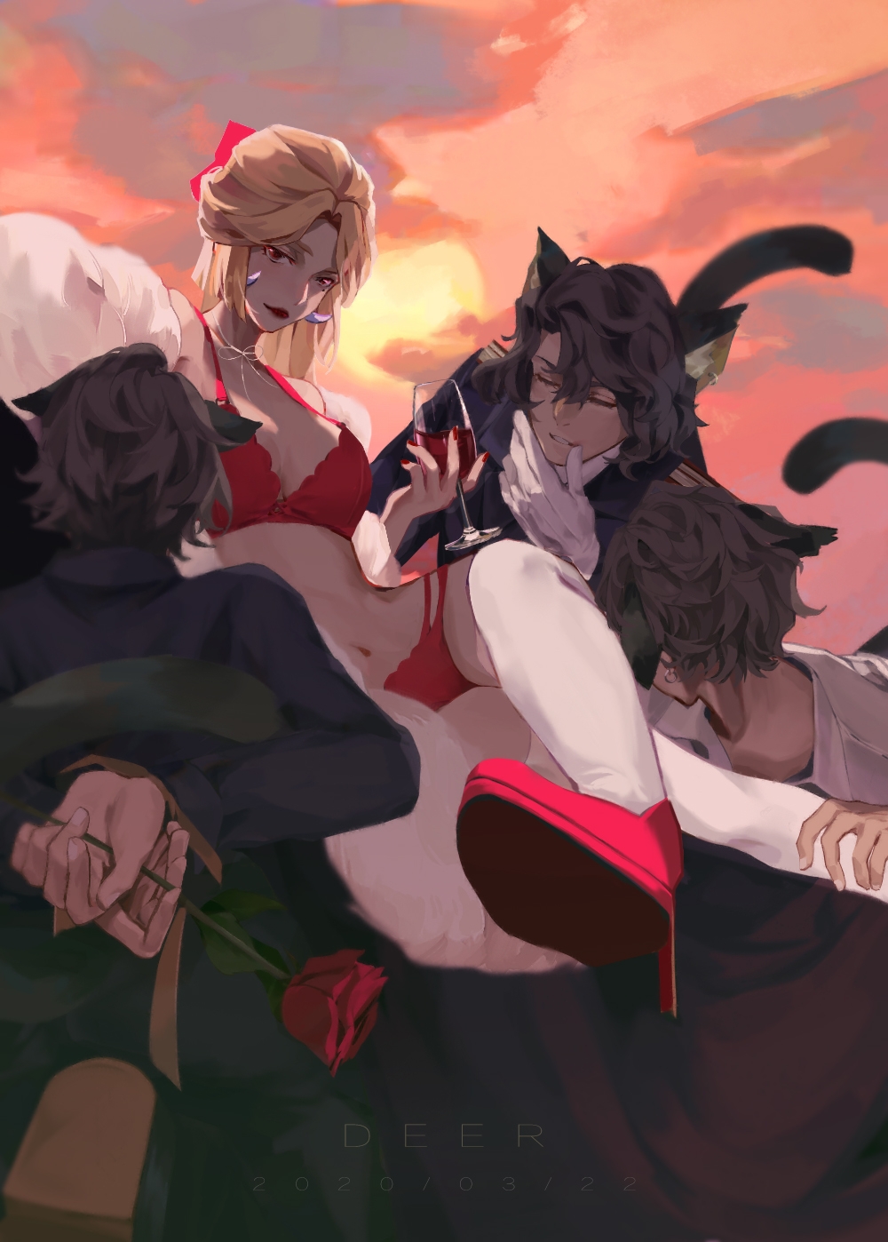 1girl, 3boys, artist_name, bow, cup, dated, drinking_glass, closed_eyes