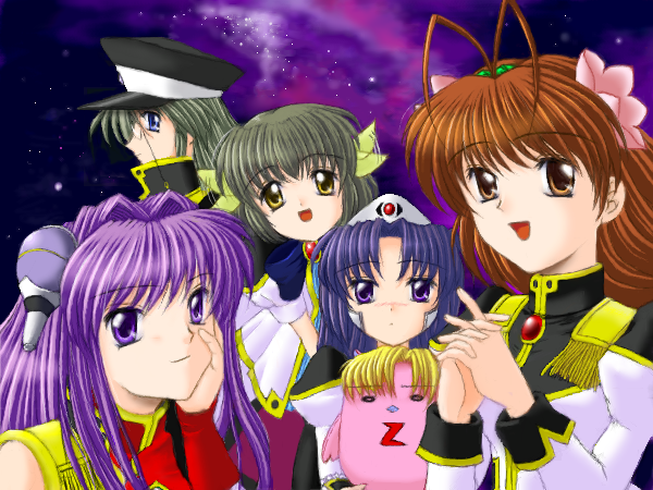 5girls, antenna_hair, bad_anatomy, blue_hair, brown_eyes, brown_hair, clannad, cosplay