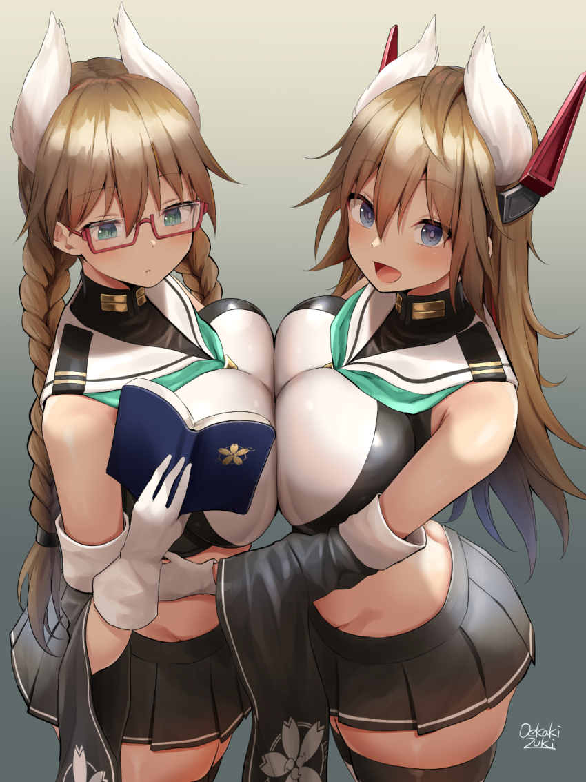 2girls, animal_ears, azur_lane, between_breasts, black_legwear, blush, book, braid, breast_press, breasts, brown_hair, cowboy_shot, detached_sleeves, furutaka_(azur_lane), furutaka_(retrofit)_(azur_lane), glasses, gloves, gradient_background, hair_between_eyes, headgear, highres, holding, holding_book, kako_(azur_lane), kako_(retrofit)_(azur_lane), large_breasts, long_hair, miniskirt, multiple_girls, necktie, necktie_between_breasts, oekakizuki, open_mouth, pleated_skirt, red-framed_eyewear, sailor_collar, school_uniform, serafuku, signature, skindentation, skirt, symmetrical_docking, thighhighs, twin_braids, white_gloves, wide_sleeves