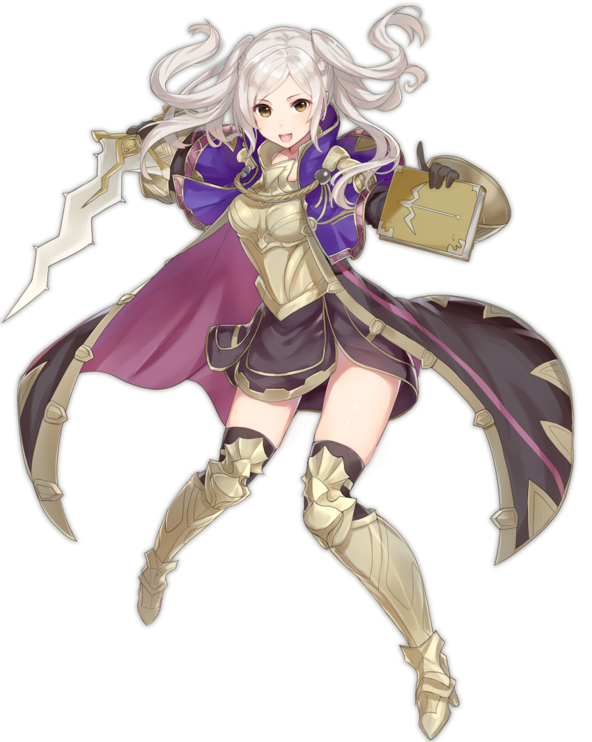 1girl, armor, black_gloves, black_thighhighs, book, brown_eyes, female_focus, female_robin_(fire_emblem), female_robin_(grandmaster)_(fire_emblem), fire_emblem, fire_emblem_awakening, full_body, gloves, haru_(nakajou-28), highres, holding, holding_book, holding_sword, holding_weapon, long_sleeves, nintendo, open_mouth, simple_background, solo, sword, thighhighs, twintails, weapon, white_background, white_hair