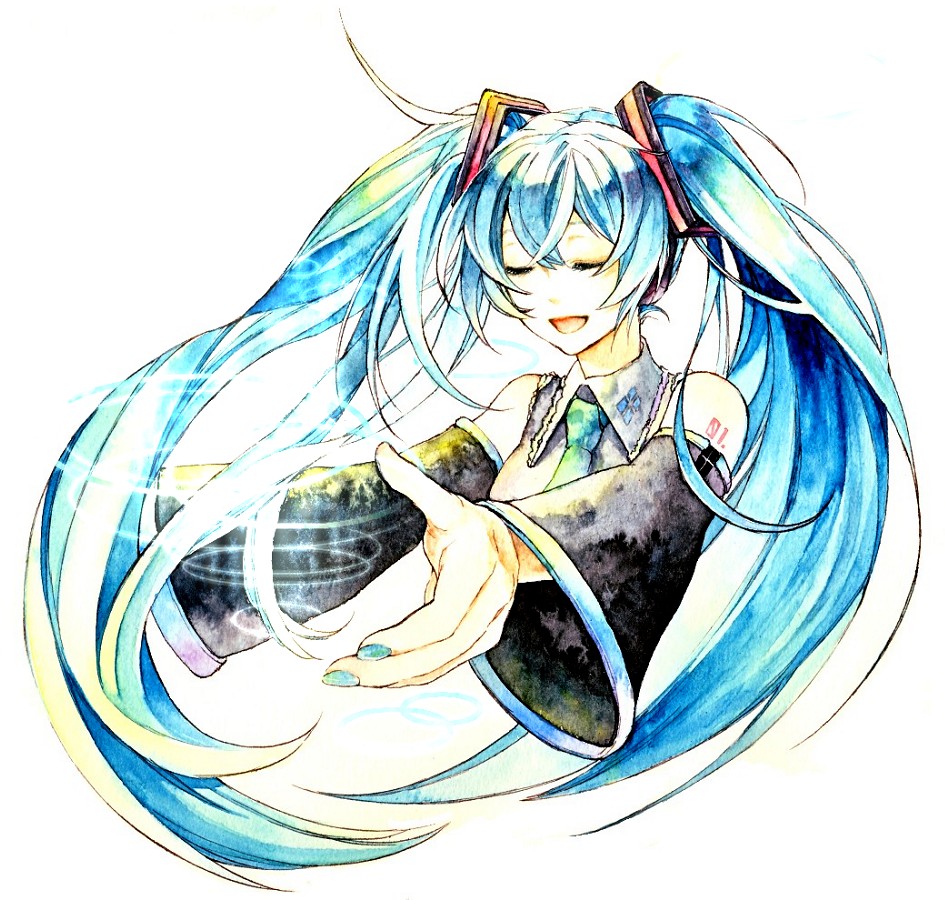 1girl, bad_id, bad_pixiv_id, blue_hair, blue_nails, closed_eyes, detached_sleeves, female_focus