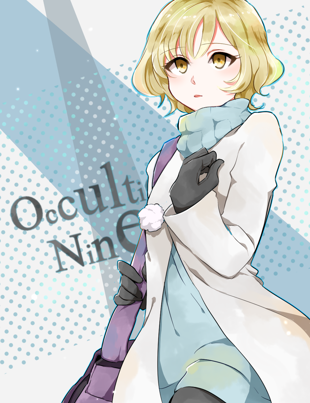 1girl, bag, black_gloves, black_pantyhose, blonde_hair, blue_dress, blue_sweater, coat