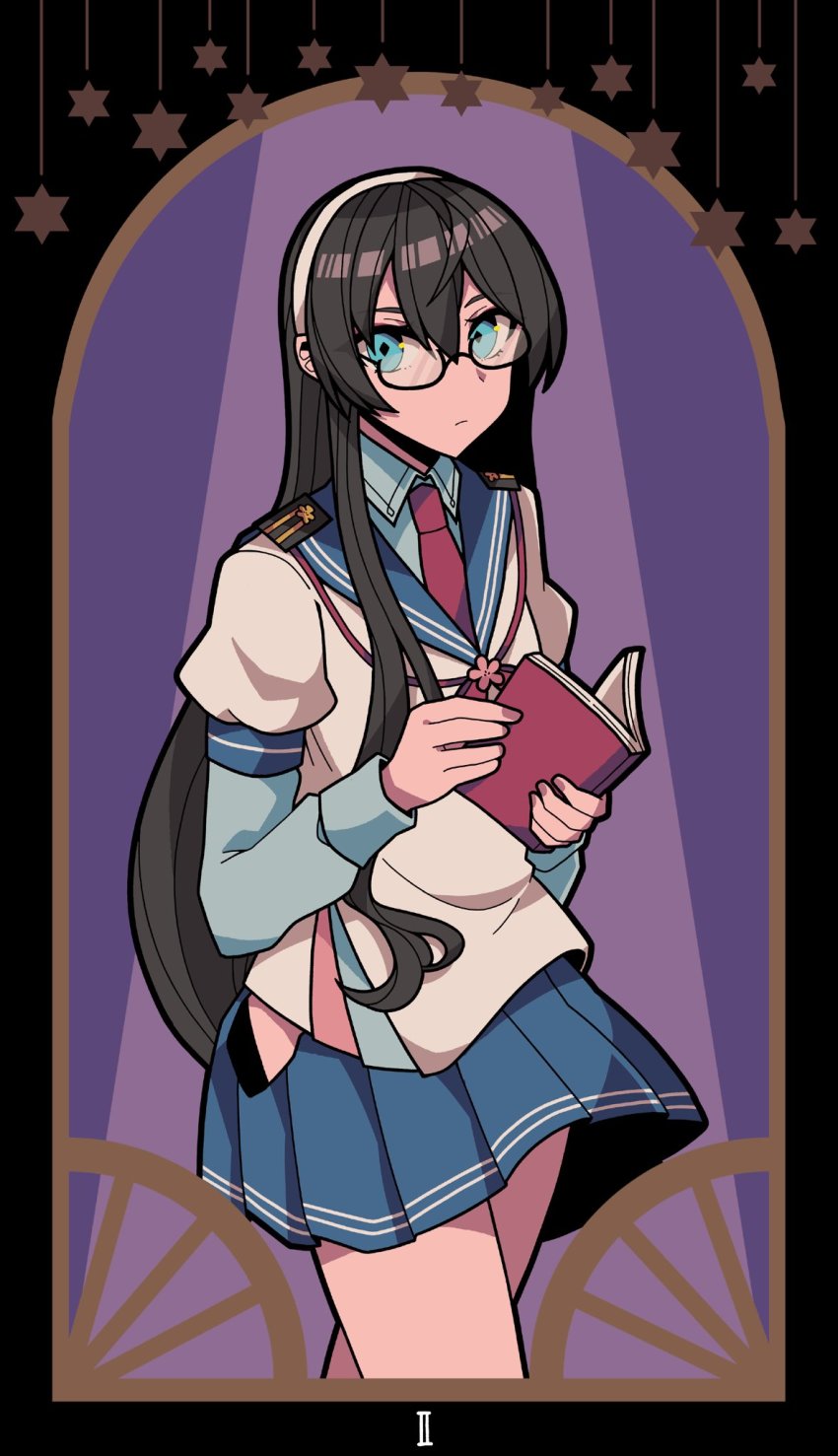 1girl, black_hair, blue_eyes, blue_sailor_collar, blue_skirt, book, card_(medium), clothing_cutout